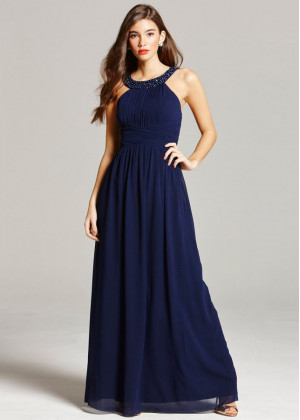 Navy Blue Chiffon Beads Halter Long Prom Dress